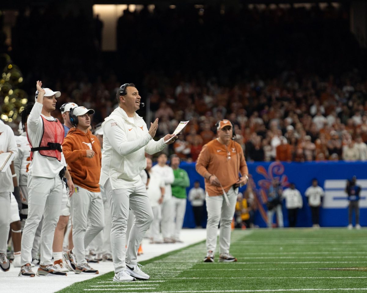 Head coach Steve Sarkisian yells at Texas players during the Allstate Sugar Bowl game against Washington on Jan. 1, 2024.  