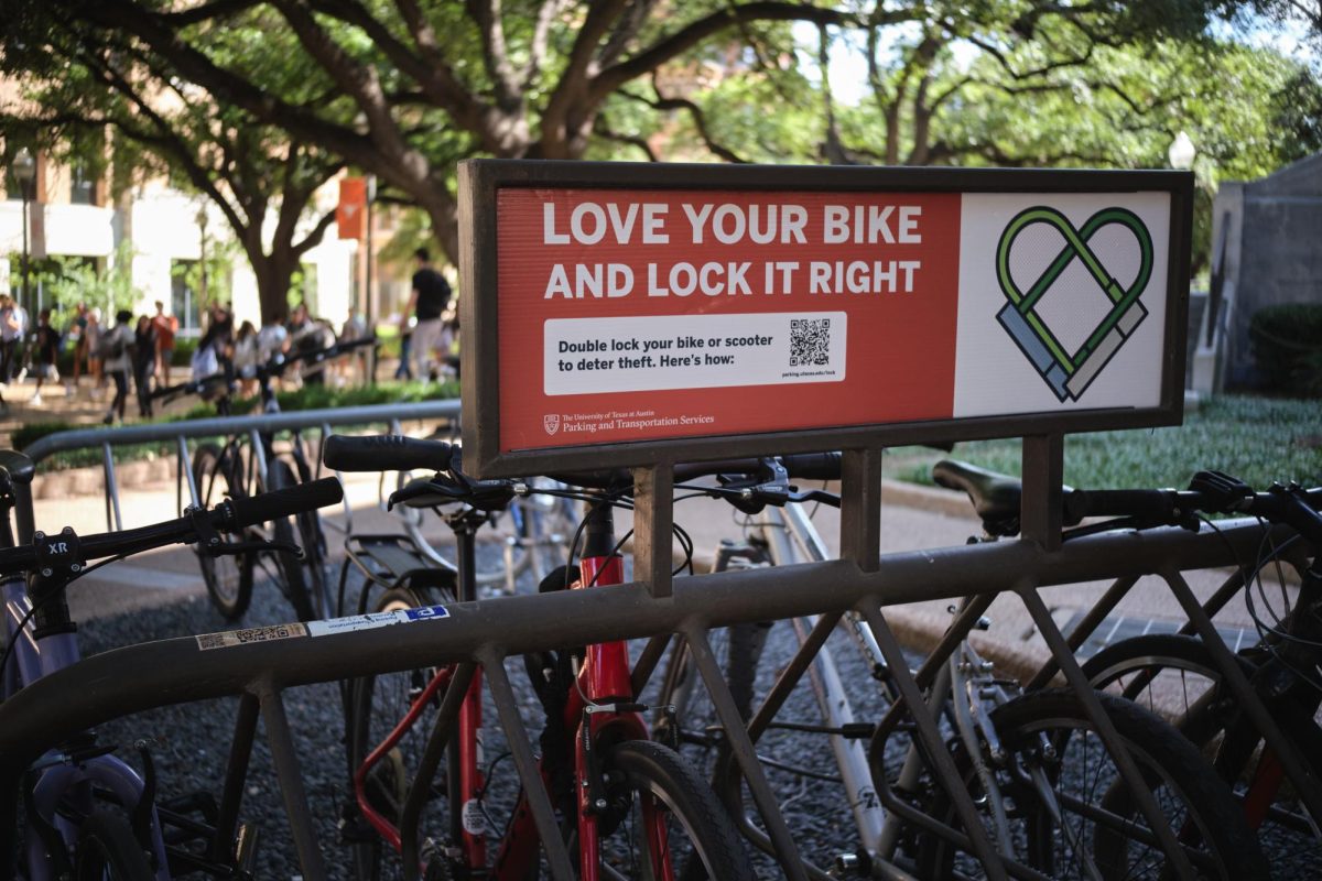 Avoid theft by double locking your bike or scooter at various bike racks around UT campus