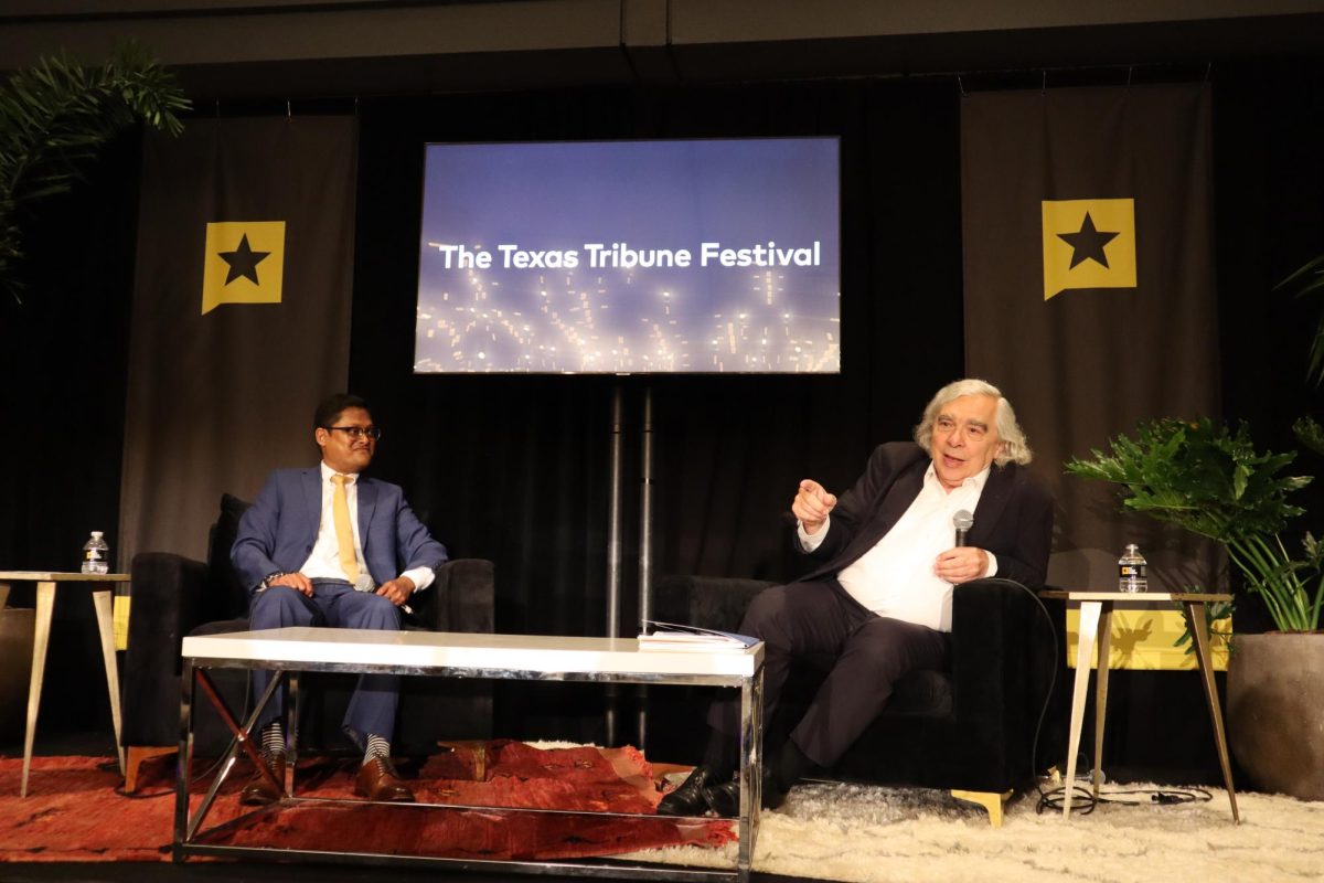 Jay Sankaran, an assistant professor at UT, and former U.S. Secretary of Energy Ernest Moniz discussing global nuclear threats and how to reduce them during a Texas Tribune Festival event at the Omni Hotel Sept. 6.