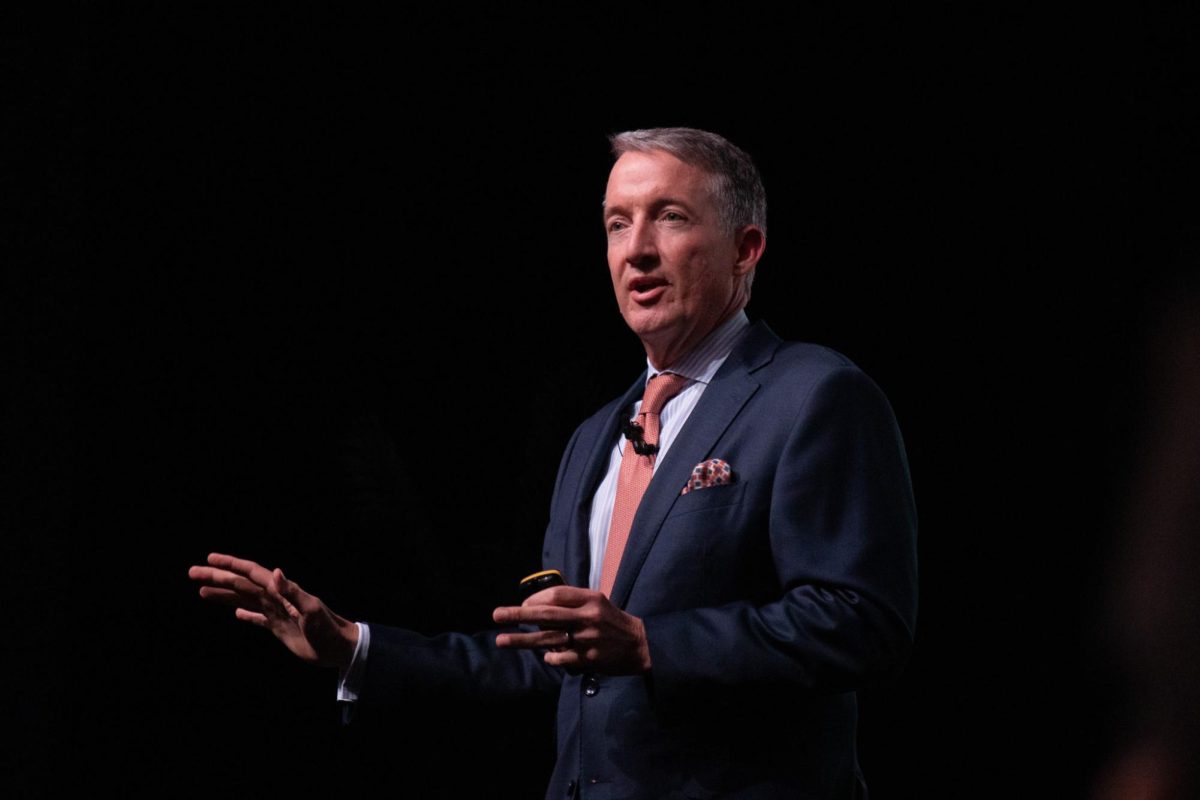 President Jay Hartzell gives his 2024 State of the University Address in the Hogg Memorial Auditorium on Sept 18, 2024. Hartzell set out his plans and vision for the next five years.