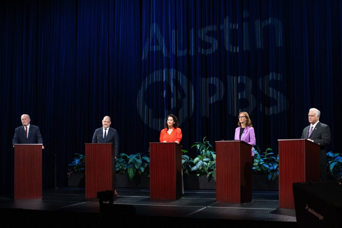 The 2024 Austin mayoral candidates are introduced to the audience at Austin PBS on Sept. 25, 2024. Left to right: Jeffrey Bowen, Doug Greco, Carmen Llanes Pulido, Kathie Tovo, and Mayor Kirk Watson.