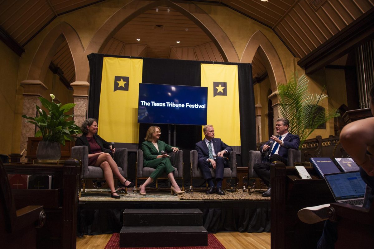 From left, Sara Hebel, Editor-in-Chief of nonprofit news organization Open Campus; Northwest Vista College President Amy Bosley; University of North Texas President Harrison Keller and Tedd Mitchell, Texas Tech University System chancellor, speak at Texas Tribune Festival "Higher Aspirations" on Sept. 6, 2024.