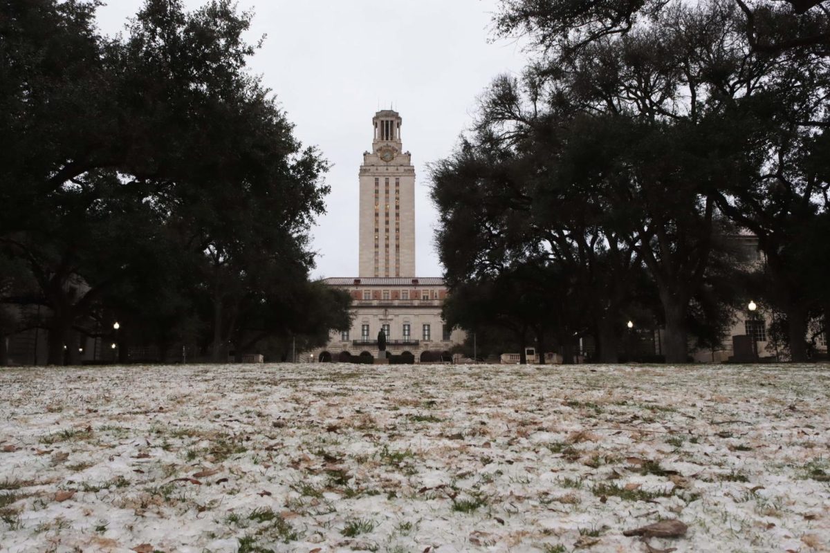 UT Tower from the South Lawn during the February 2022 freeze