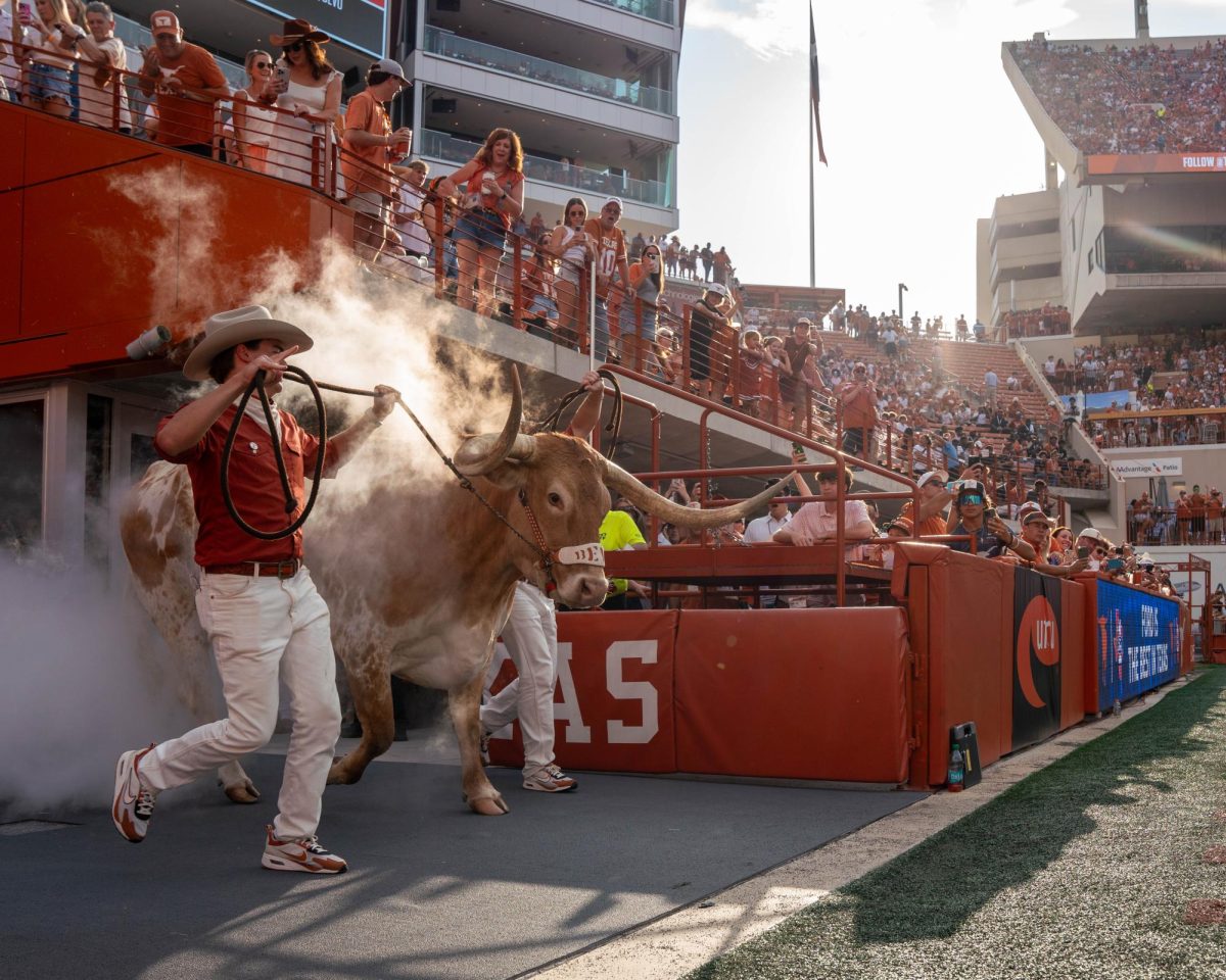 The UT Silver Spurs lead Bevo XV out of the tunnel in Darrell K Royal Stadium ahead of Texas' game against UTSA on Sept. 14, 2024.