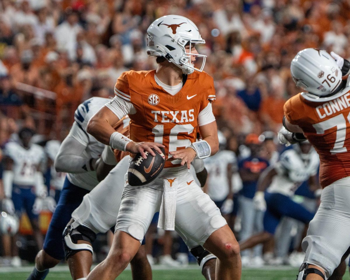 Redshirt freshman quarterback Arch Manning prepares to pass the ball during Texas' game against UTSA on Sept. 14.