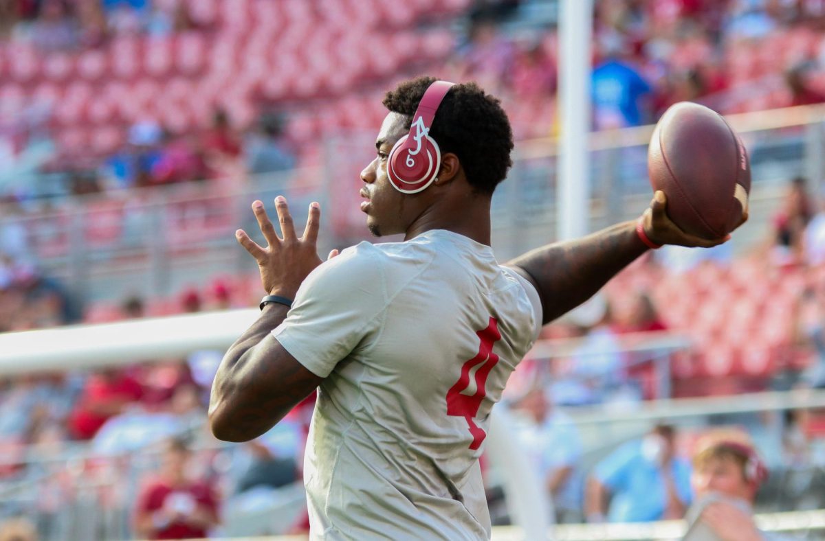 Alabama quarterback Jalen Milroe (#4) during pre-game warm-ups before playing against Middle Tennessee on Sep. 2 at Bryant-Denny Stadium in Tuscaloosa, Alabama.