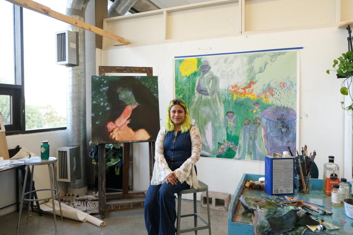 Second-year graduate student Lorena Diosdado in her art studio an hour before the opening of "Retracing the Rubicon" on Sept. 20, 2024. Lorena Diosdado's work is on display at the exhibit.