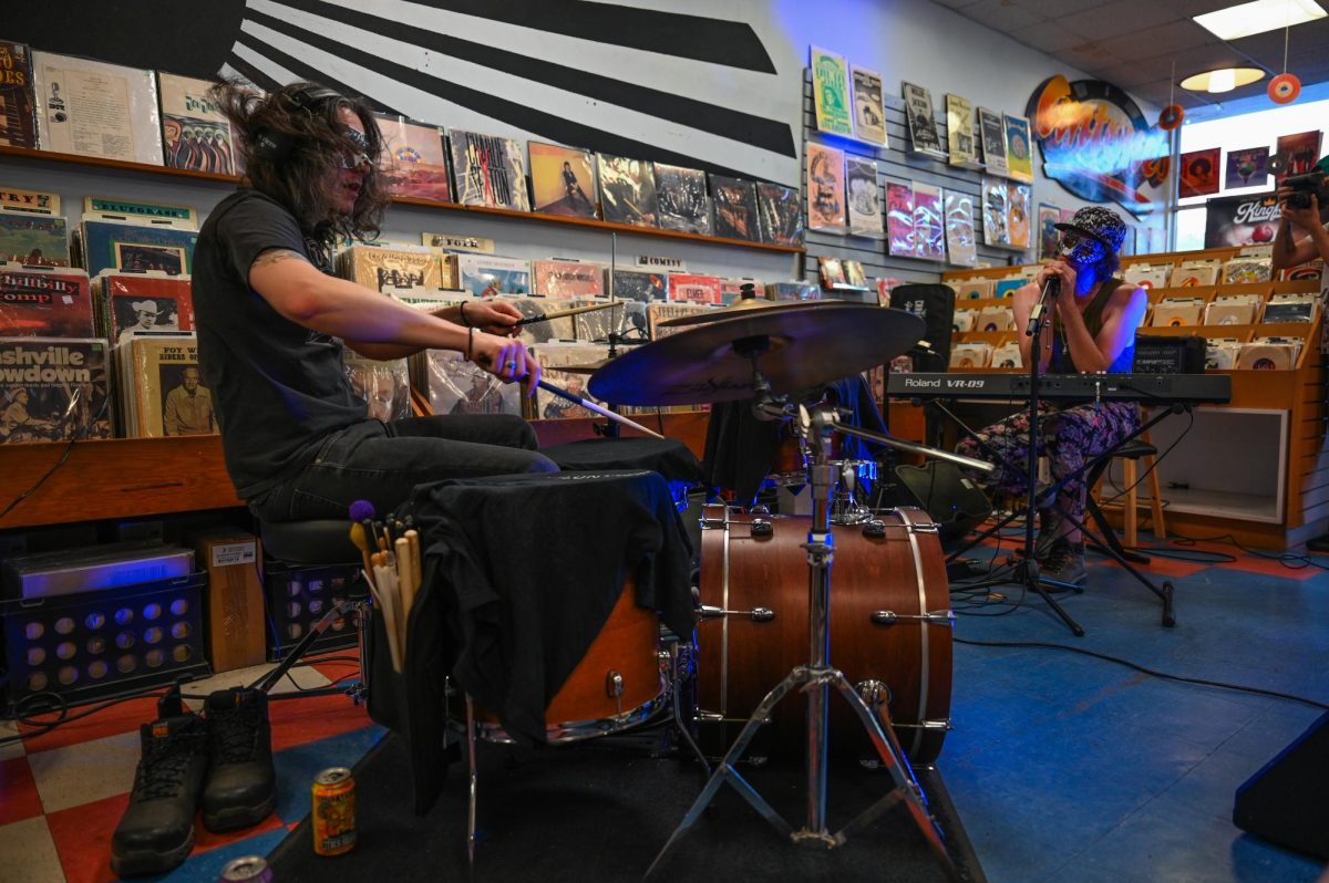 Mike Hidalgo (left) and Adam Diener (right) of Obsolete Machines perform at Antone's Record Shop on Sept. 24, 2024, for HAAM day. The duo incorporates a mix of Dream Pop, Electro Punk, and Alt Pop sound into their songs.