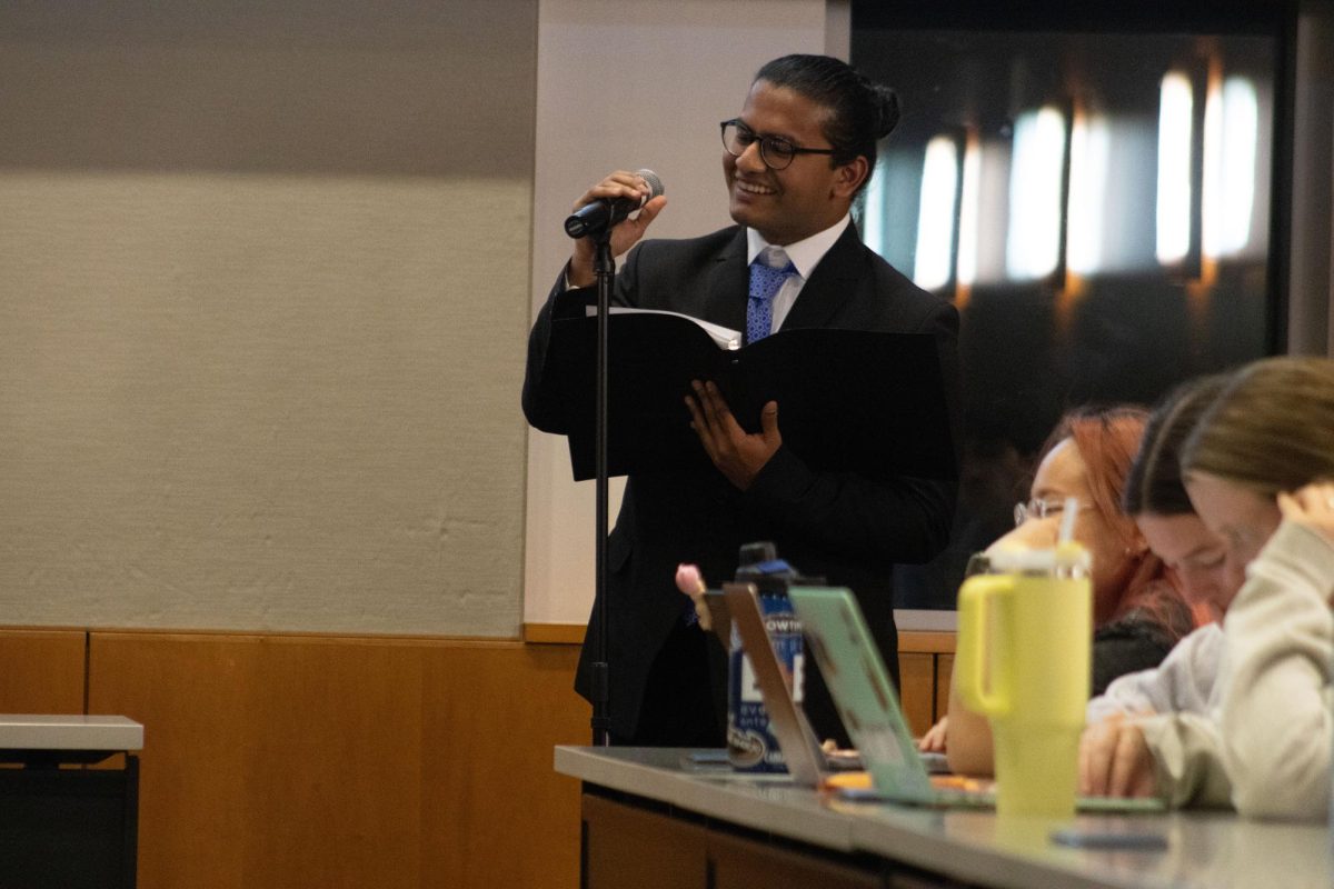 Leander D'Costa concludes his speech during the Student Government meeting on Tuesday Sept 24, 2024. D'Costa, who is originally from Mumbai, India transferred to the University this Fall and is the first international student appointed as Parliamentarian in the 120 years since the Student Government assembly was created.