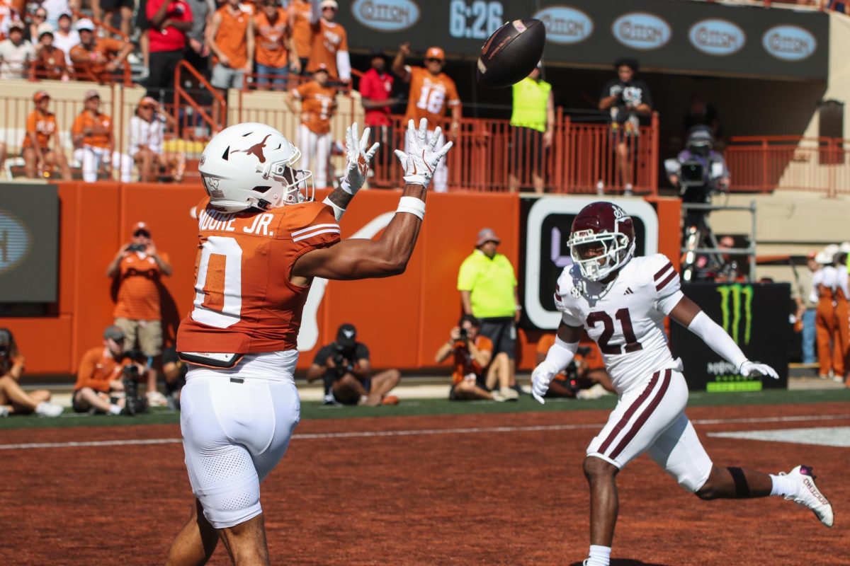 Wide Receiver DeAndre Moore Jr. catches the first touchdown of the game against Mississippi State on Sept. 28, 2024.