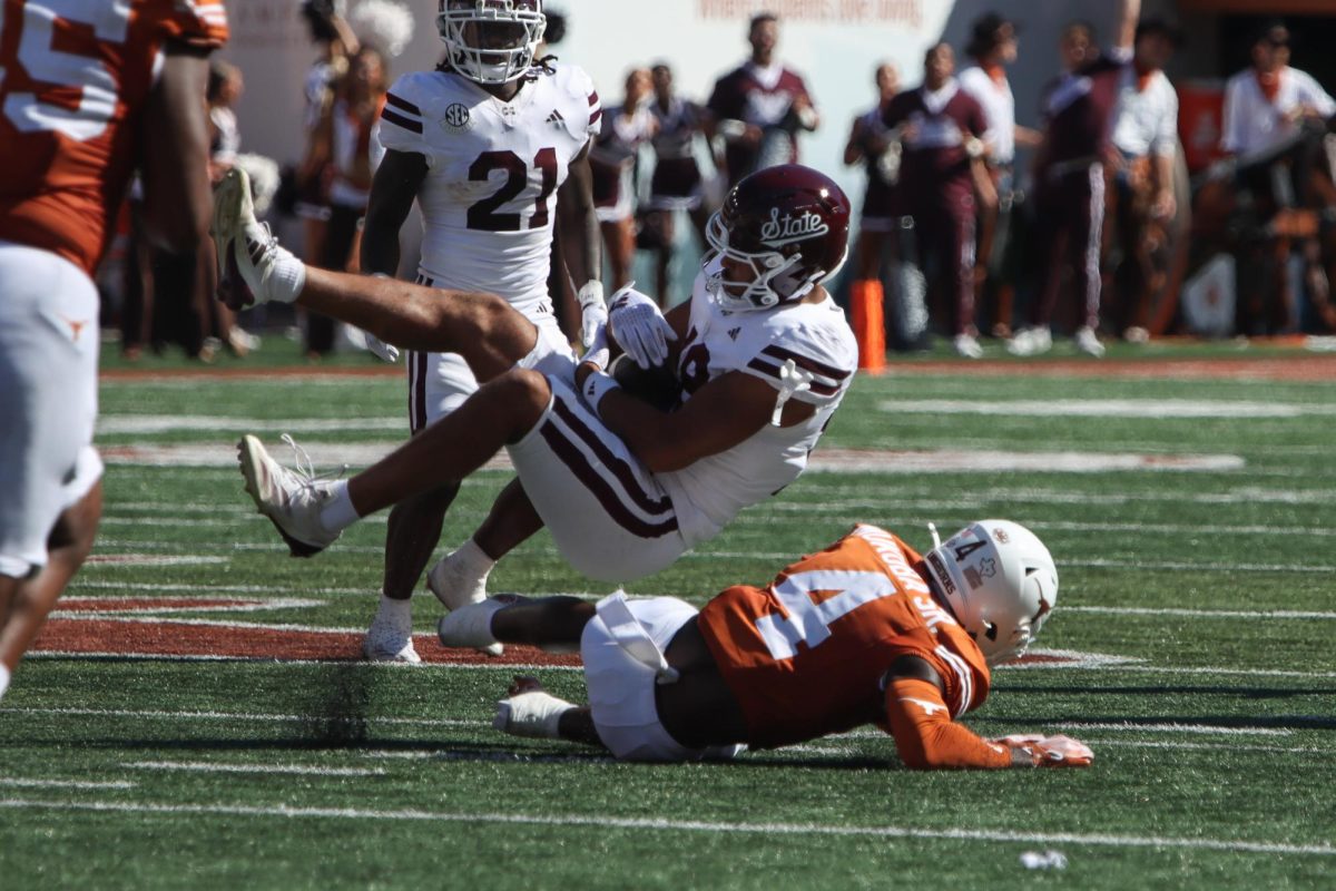 Defensive Back Andrew Mukuba collides with Mississippi State tight end Seydou Traore on Sept. 28, 2024.