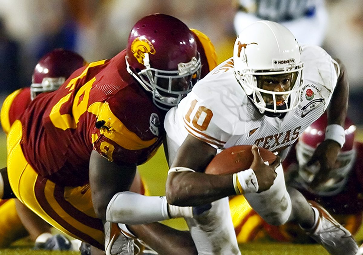 Quarterback Vince Young runs the ball in the National Championship game on Jan. 4, 2006.