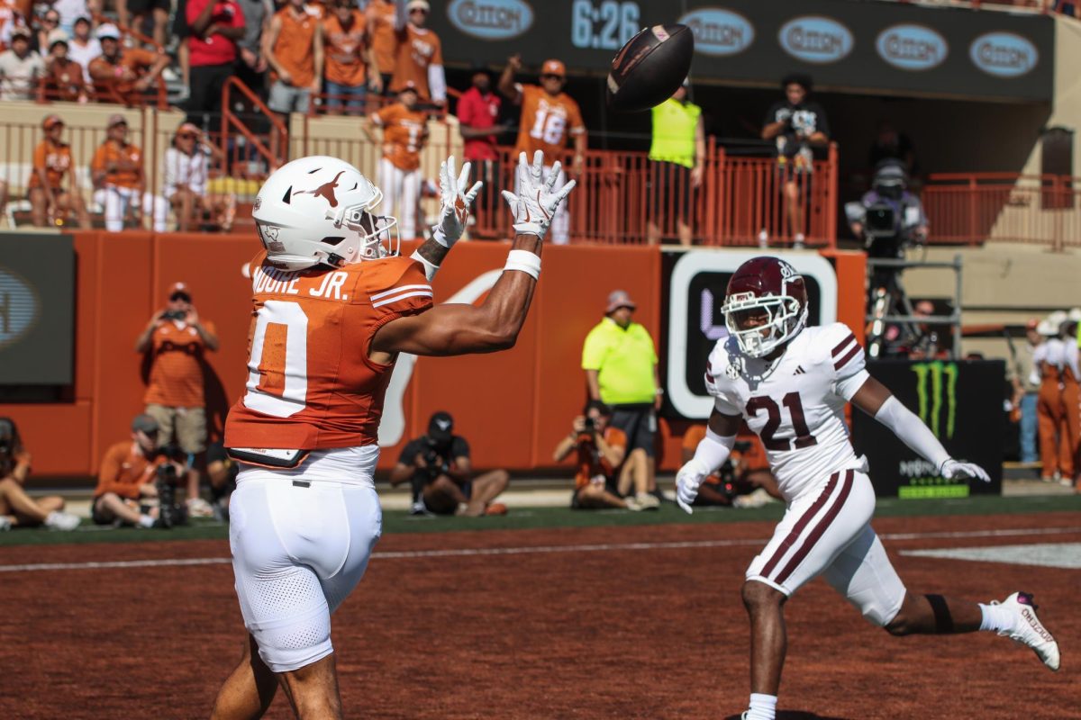 Wide Receiver DeAndre Moore Jr. catches the first touchdown of the game against Mississippi State on Sept. 28, 2024.