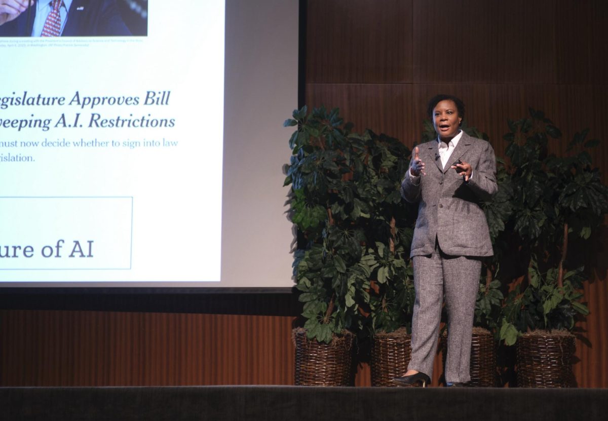 Alondra Nelson delivers the keynote address during the LBJ School of Public Affairs Policy Leadership in the Age of AI Symposium on Tuesday, Oct. 1 2024. Nelson is one of TIME's 100 Most Influential People in AI.