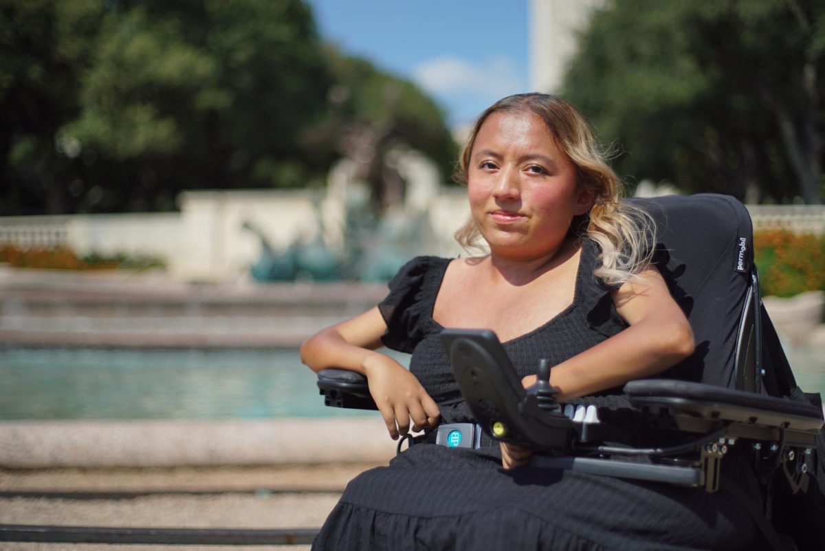 Fabiola Amaya is pictured at Littlefield Fountain on Oct. 3, 2024. Amaya started a petition to expedite UT Austin's progress towards compliance with the Americans with Disabilities Act after suffering an injury using a restroom on campus.