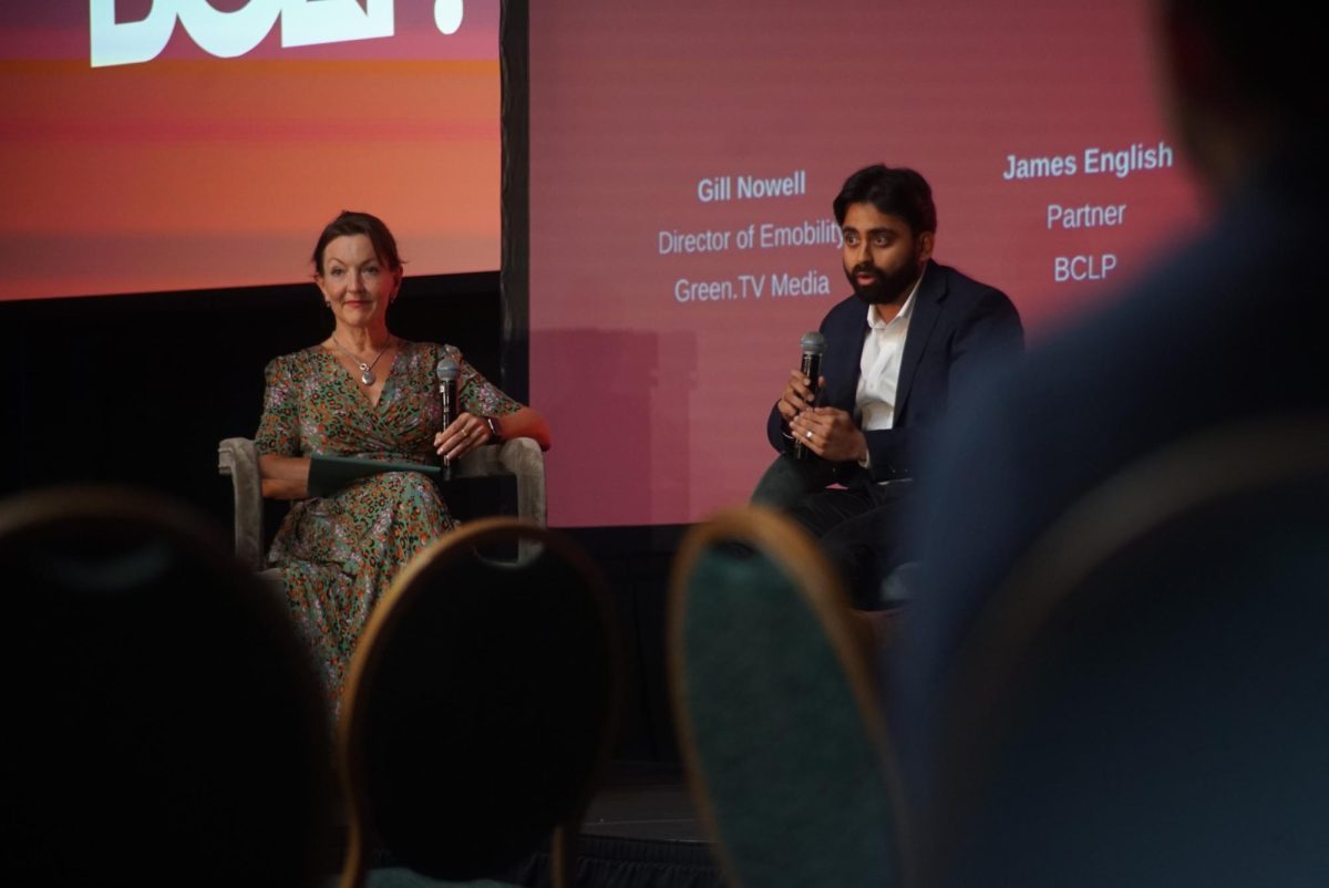 Panel members Gill Nowell and James English pictured at the EV Summit on Oct. 15 2024. The first ever EV Summit USA commenced in the UT Austin Alumni center as industry leaders discussed the American EV industry.