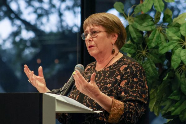 Former Chilean President Michelle Bachelet speaks at the Benson Latin American Collection on Wednesday Oct. 16, 2024.