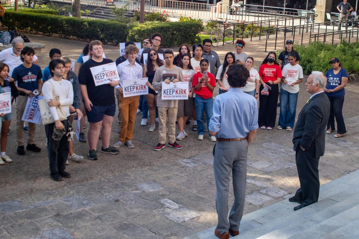 Mayor Kirk Watson and David Hogg speak to a crowd outside West Mall on Oct. 22, 2024. Watson and Hogg held a rally with University Democrats and Students Demand Action two weeks before election day.