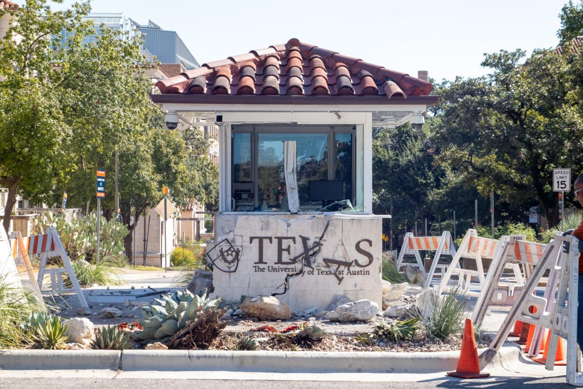 The crossing guard booth on 24th Street and Whitis Avenue was wrecked when a car crashed into it in the early morning of Oct. 27, 2024.