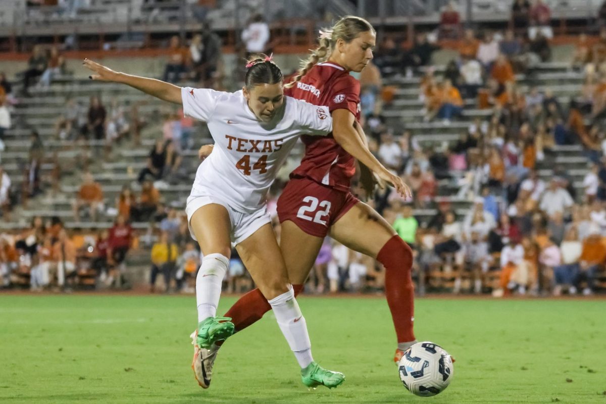 Freshman forward Amalia Villarreal steals the ball from Arkansas during their match on Oct. 18, 2024. Arkansas beat UT 4-3.