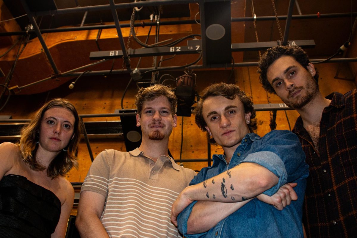 From left to right: Producer Madison Lehew, director Alex Mathison, director of photography Liam Larriviere, and lead actor Kayne Khoury posing for a photo on Oct. 7, 2024 in the Moody Studio.