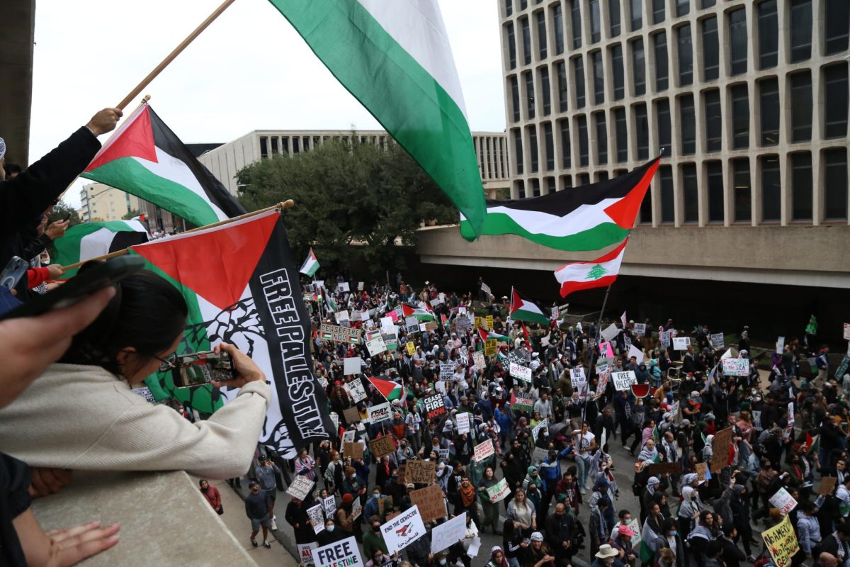 Thousands of Texans marched through downtown Austin in a pro-Palestine protest on Nov. 12, 2023. Many held Palestine flags or posters reading “Ceasefire Now,” “End the Genocide,” and “Free Palestine.”