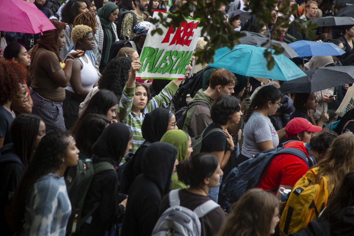 A protestor holds a “free Palestine” poster in the rain at the tower steps during a Palestine solidarity walkout on Nov. 9, 2023.