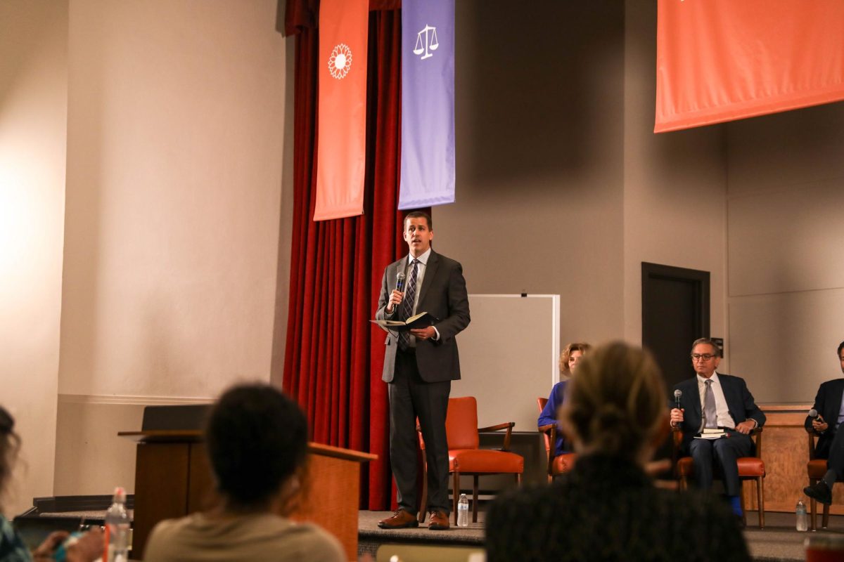 University of Texas law professor Steven Collis speaks to audience during Scrutinizing Universities' Responses to the Campus Protests panel at Townes Hall on Monday.