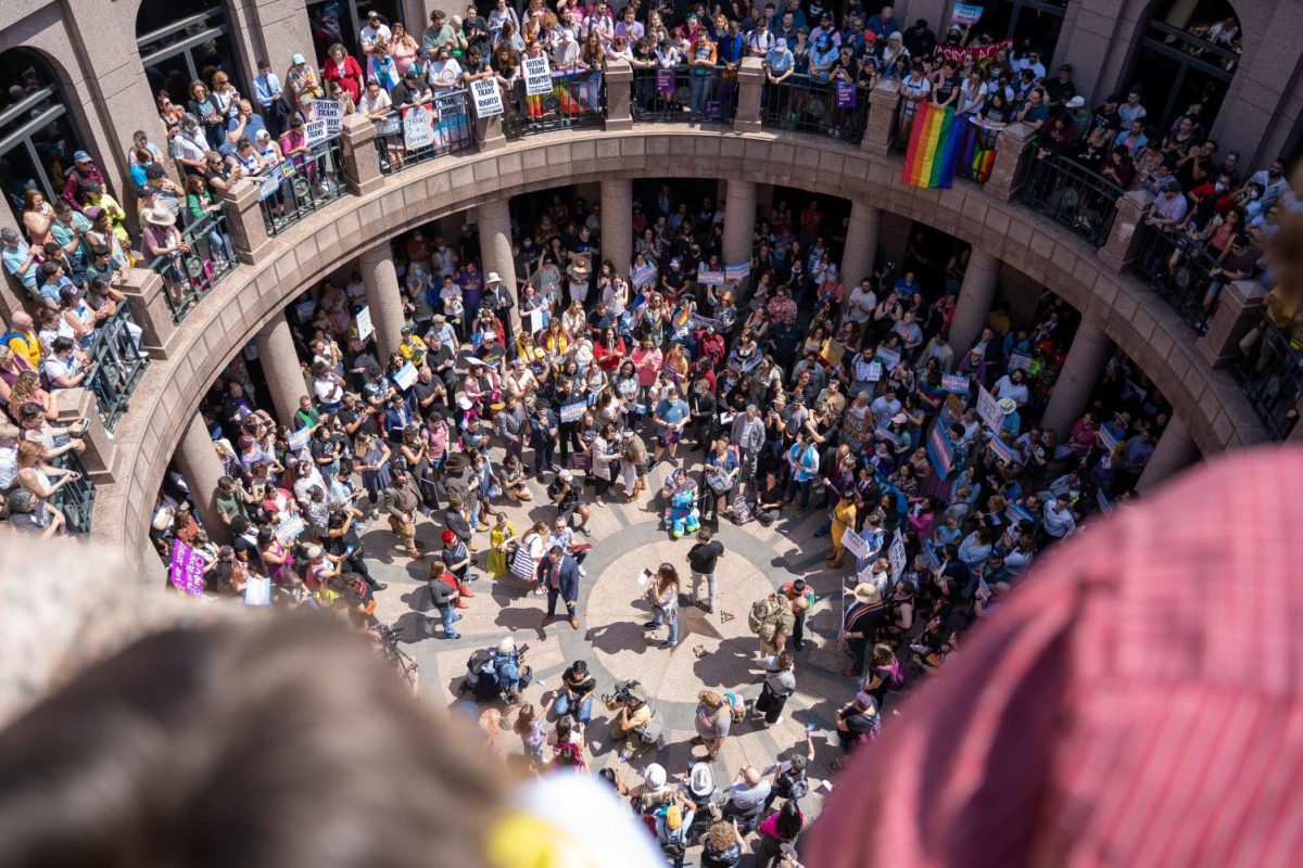 Protestors gathered at the Texas state capitol to rally against House Bill 1686 and Senate Bill 14 on March 27, 2023. The two bills, if passed, would prohibit gender transitioning in youth.