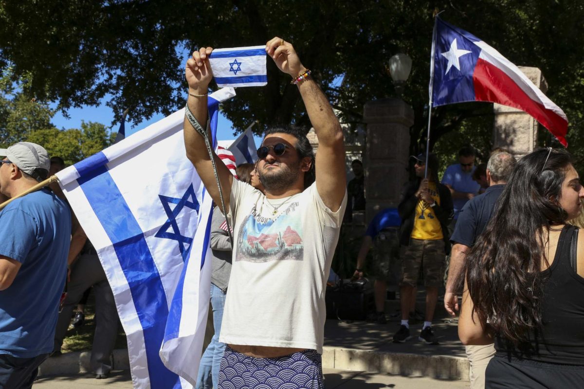 A pro-Israel protestor outside of the Texas Capitol on Oct. 15, 2023. A rally in support of Israel took place and ended before the Palestine protest began.