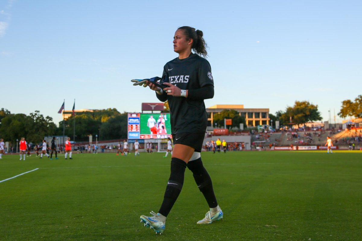 Goalie Mia Justus warms up prior to the match against Texas A&M on Sept. 29, 2024.