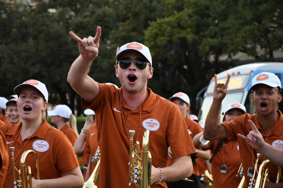 The Longhorn Band makes their way to the Main Building at the Texas Rally on Oct. 9, 2024.