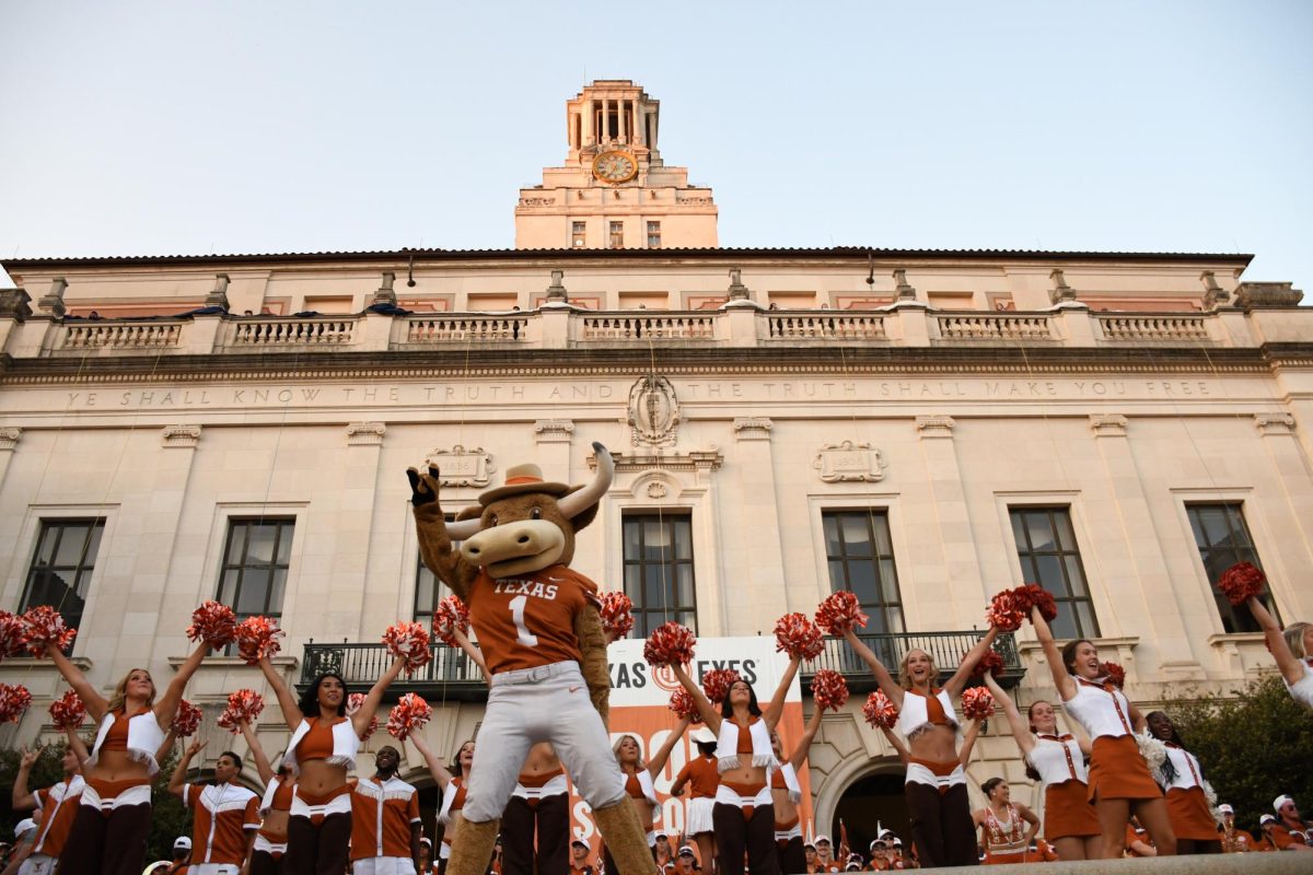 Hook ‘Em and Texas Pom at the Main Building during the Texas Rally on Oct. 9, 2024.