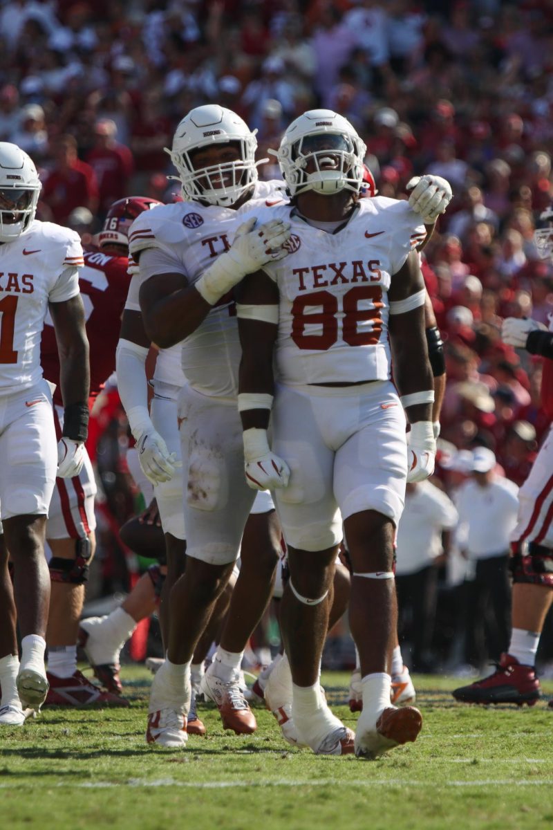 Edge Barryn Sorrell yells after a sack during the Red River Rivalry game on Oct. 12, 2024.