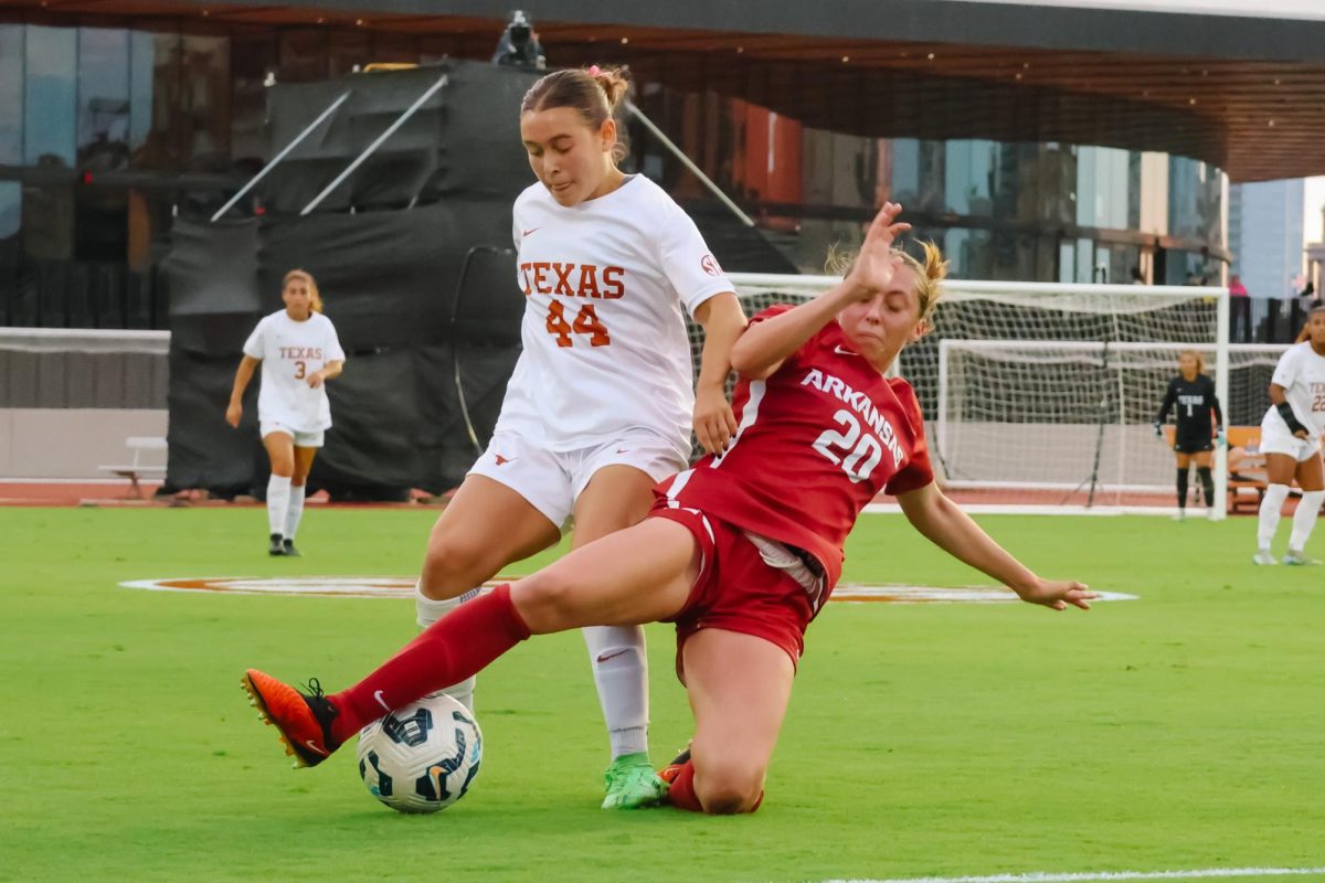 Freshman forward Amalia Villarreal steals the ball from Arkansas defender Kelsey Oyler on Oct. 18, 2024.