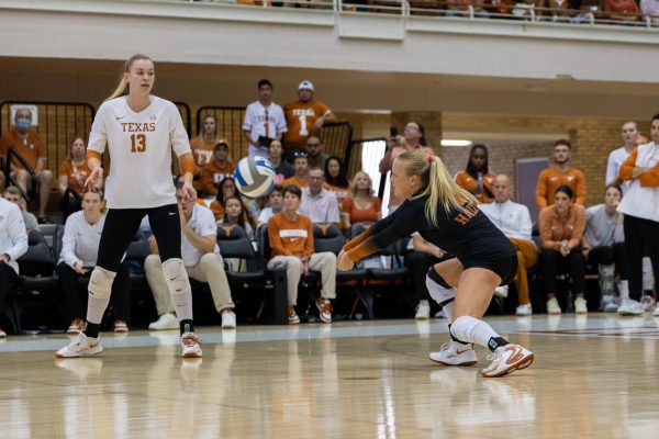 Libero Emma Halter prepares to hit the ball during a home game against Oklahoma on Nov. 3, 2024.