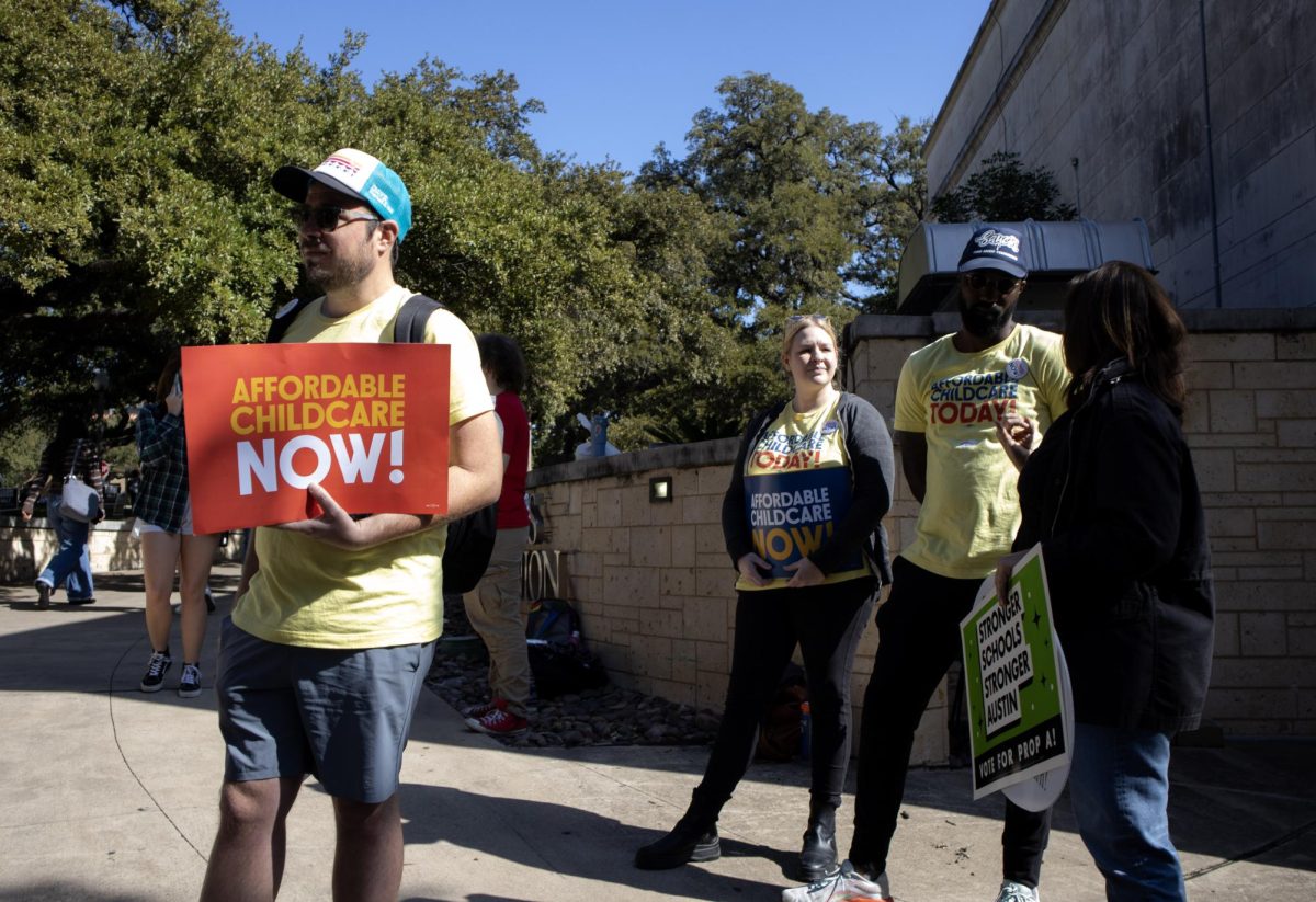 People advocating for affordable childcare outside of the Union Building on Nov. 5, 2024.