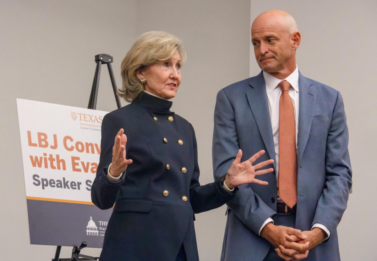 Ambassador Kay Bailey Hutchison (left) and J.R. DeShazo, president of the LBJ School of Public Affairs, addresses the "LBJ Conversations" audience on Nov. 11, 2024. Hutchison is a double alumna from UT and served as the US representative to NATO from 2017 to 2021.
