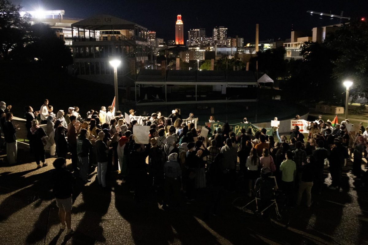 Protestors gather outside the LBJ School of Public Affairs on Nov. 19, 2024.