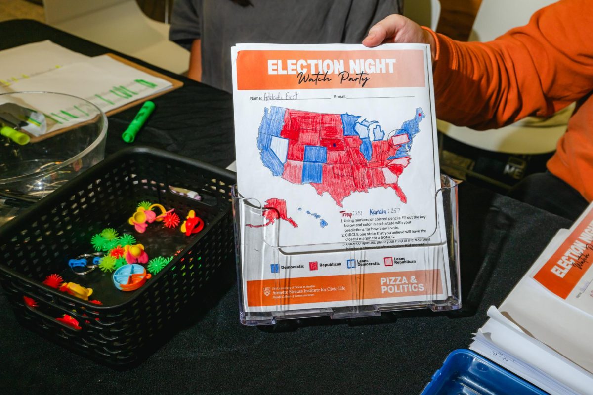 A colored-in electoral map at the Pizza and Politics watch party at the DMC on Nov. 5, 2024.