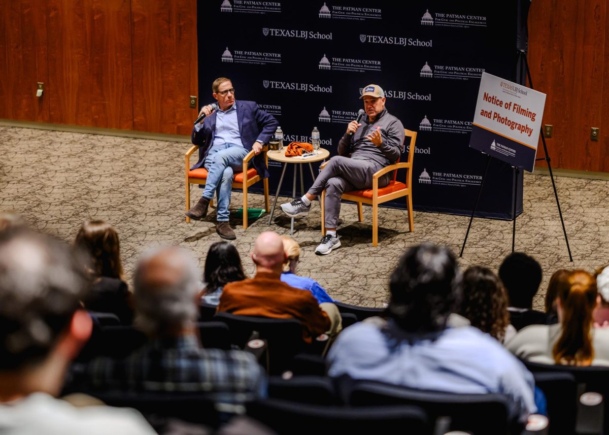 Professor Evan Smith and political pundit Matthew Dowd at the Post-Election Debriefing at the LBJ Bass Lecture Hall on Nov. 7, 2024.