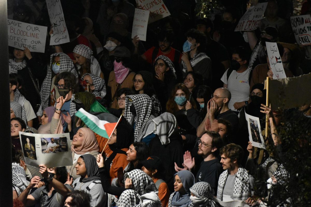 Demonstrators chanting during the pro-Palestine protest against a visit by former Israeli Prime Minister Naftali Bennett to UT Austin on Tuesday, November 19, 2024.