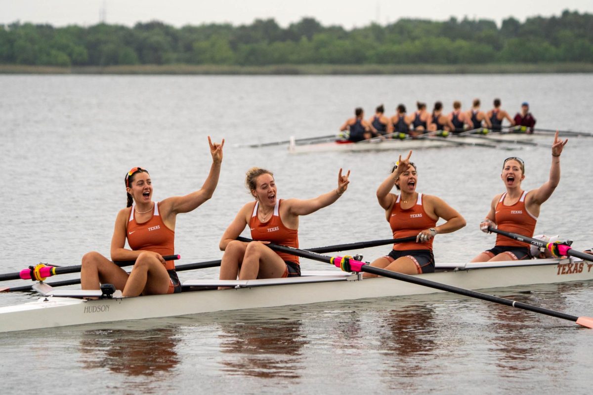 Texas rowers, from left to right, Grace Edgar, Harriet Wallace, Salma Dessouky and Anna Garrison after a race win at the Longhorn Invitational on April 27, 2024. 