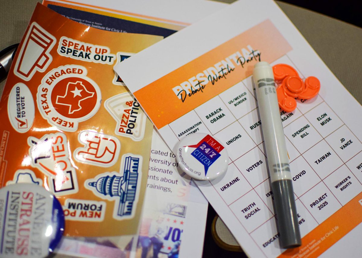 Debate bingo cards at a Pizza and Politics presidential debate watch party on Sept. 10, 2024.