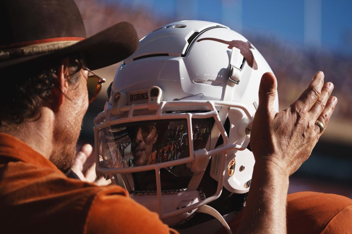 The Minister of Culture, Matthew McConaughey hypes up Longhorn senior Jahdae Barron before senior night against the Kentucky Wildcats on Nov. 23, 2024.
