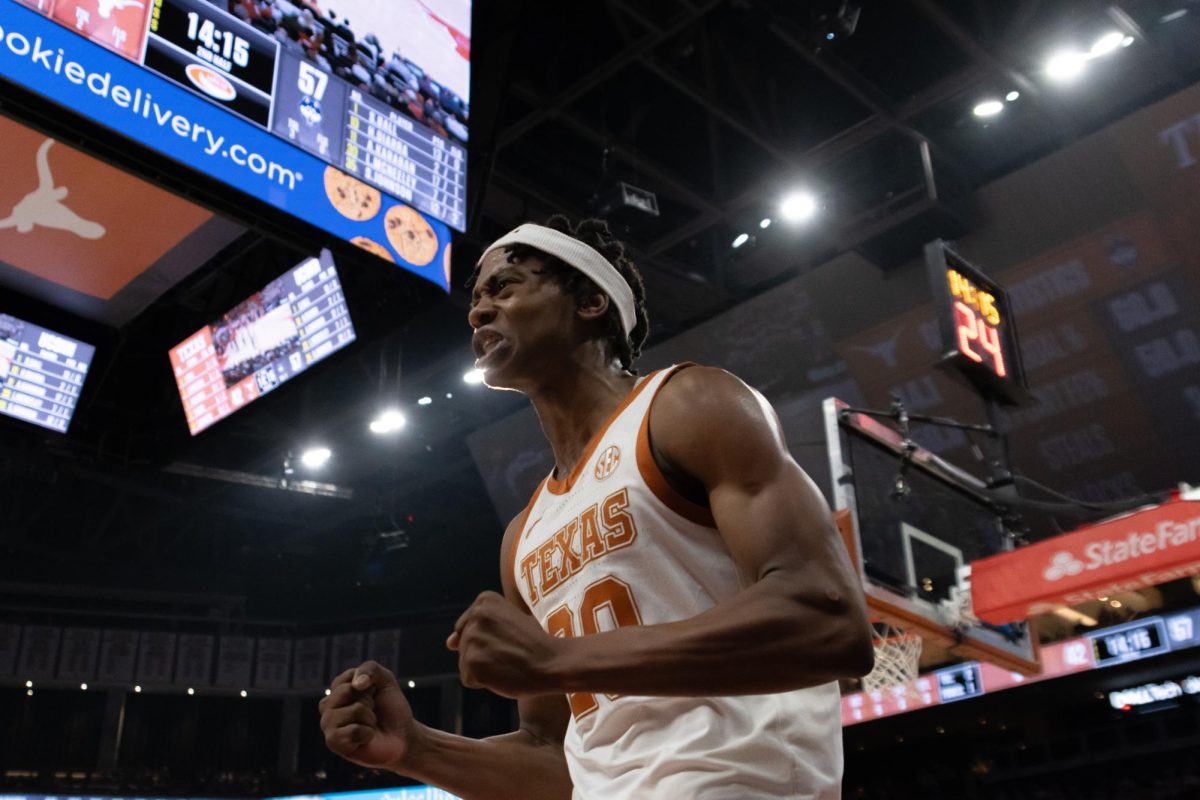 Guard Tre Johnson celebrates after making a 2-pointer during the men’s basketball game against UConn on Dec. 8, 2024.