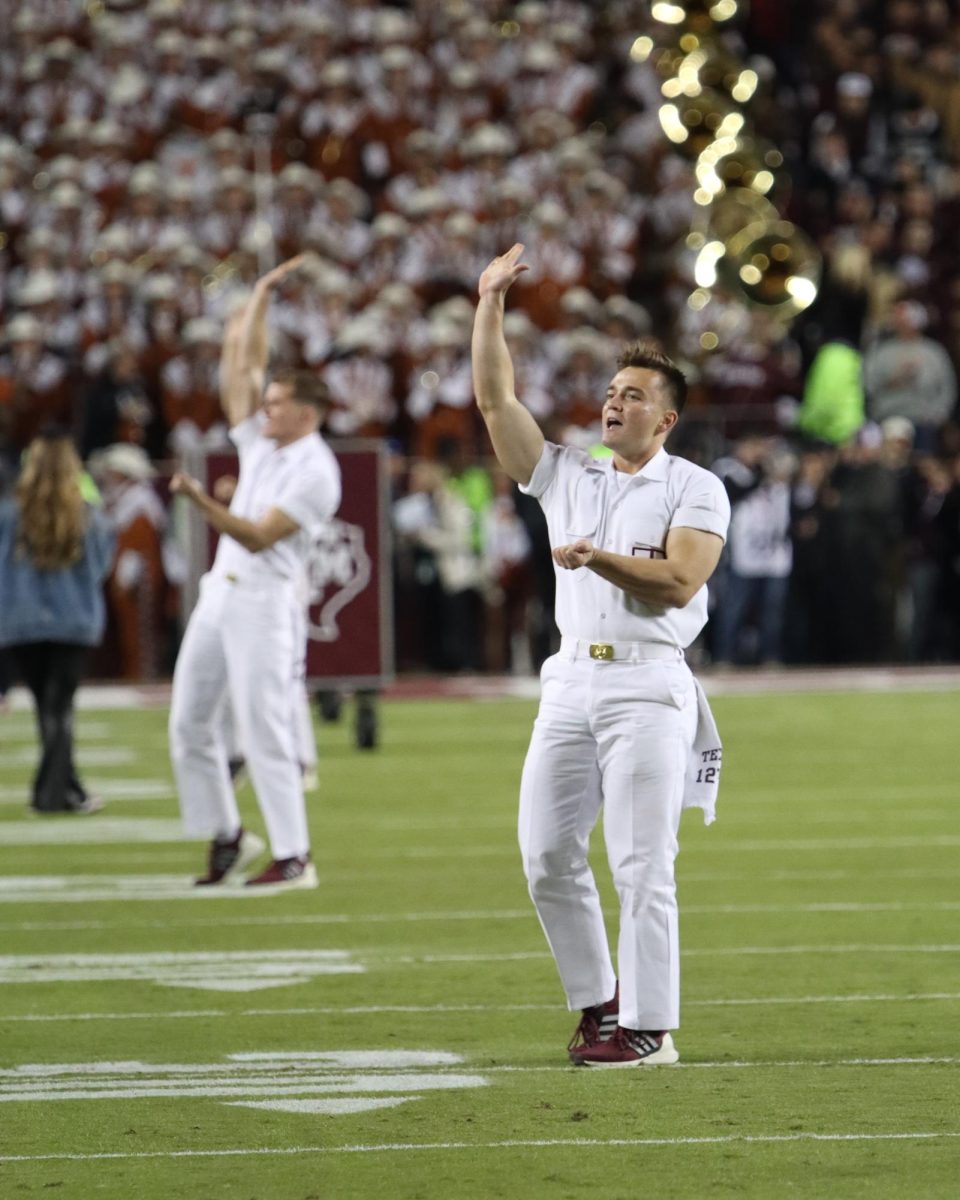 Texas A&M Yell Leaders perform chants prior to kickoff on Nov. 30, 2024.
