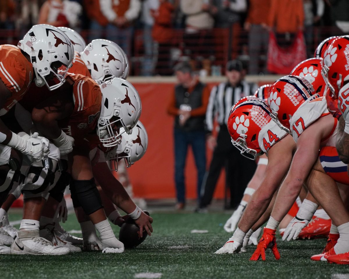 The Texas Longhorns offensive line prepares for a snap on Dec. 21, 2024.