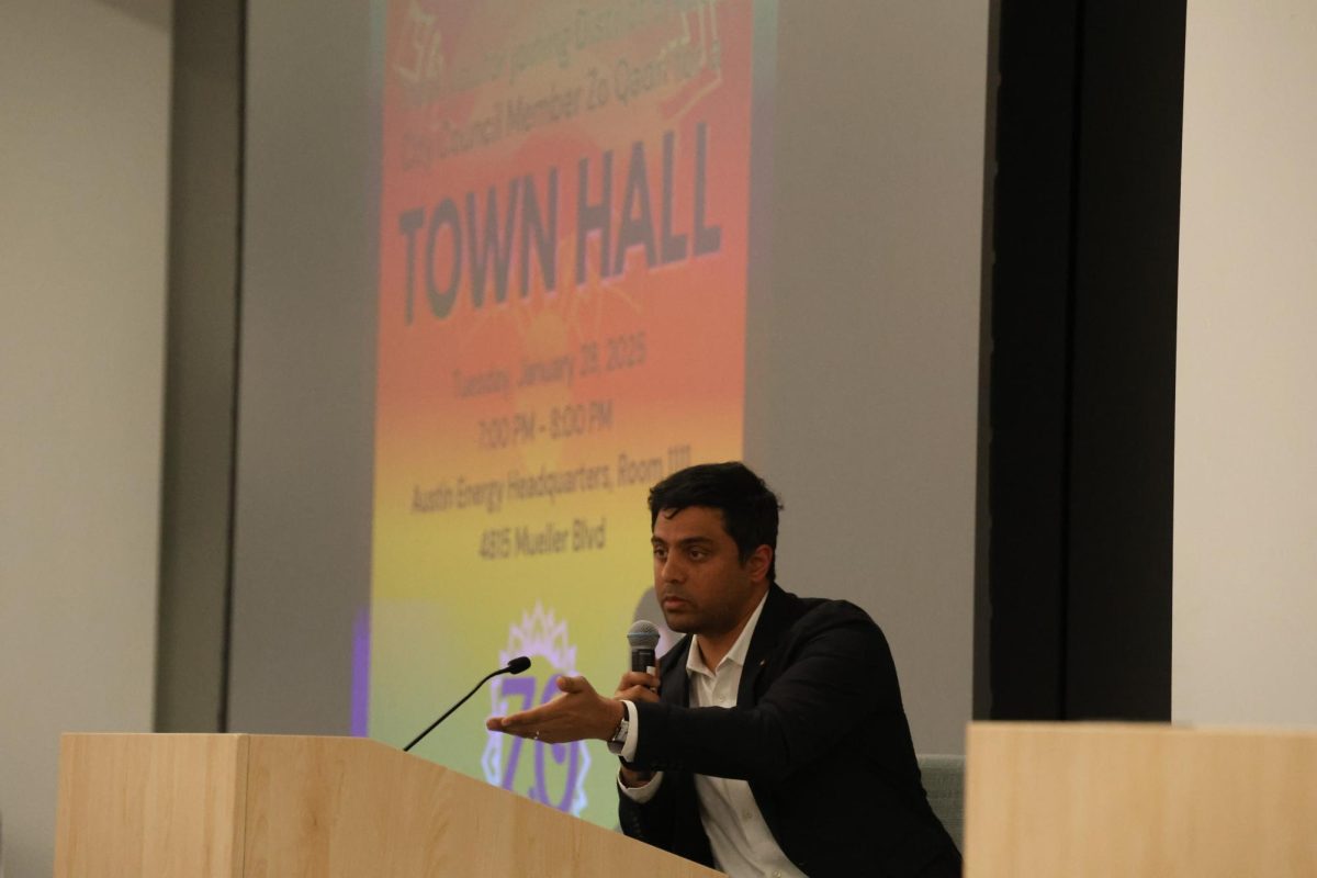 Austin City Council Member Zohaib "Zo" Qadri responds to a question from an audience member during a District 9 Town Hall at the Austin Energy Headquarters on Jan. 28.