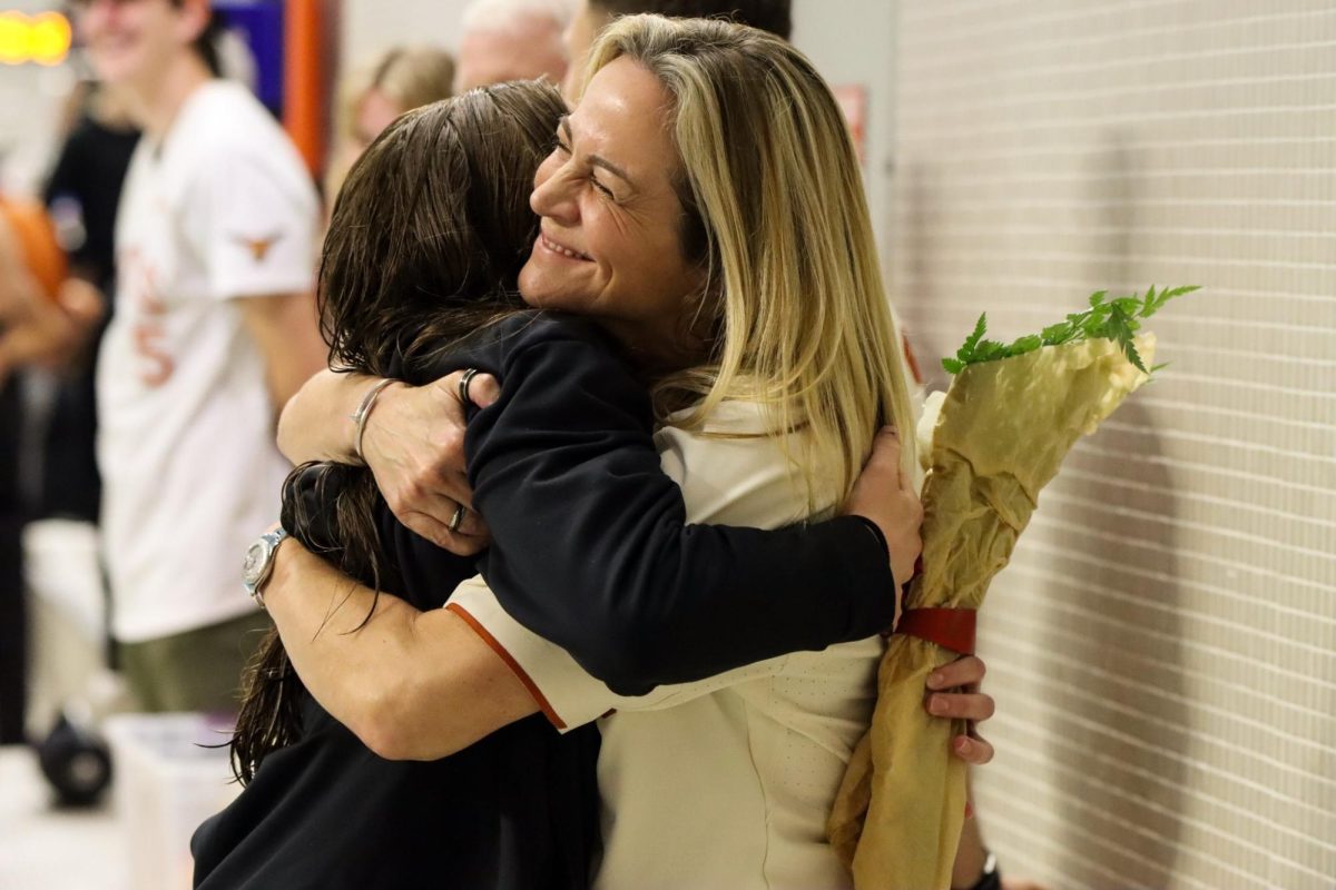 Texas women’s swimming and diving head coach Carol Capitani during the senior recognition ceremony prior to Texas’ meet against TCU on Feb. 2, 2024.